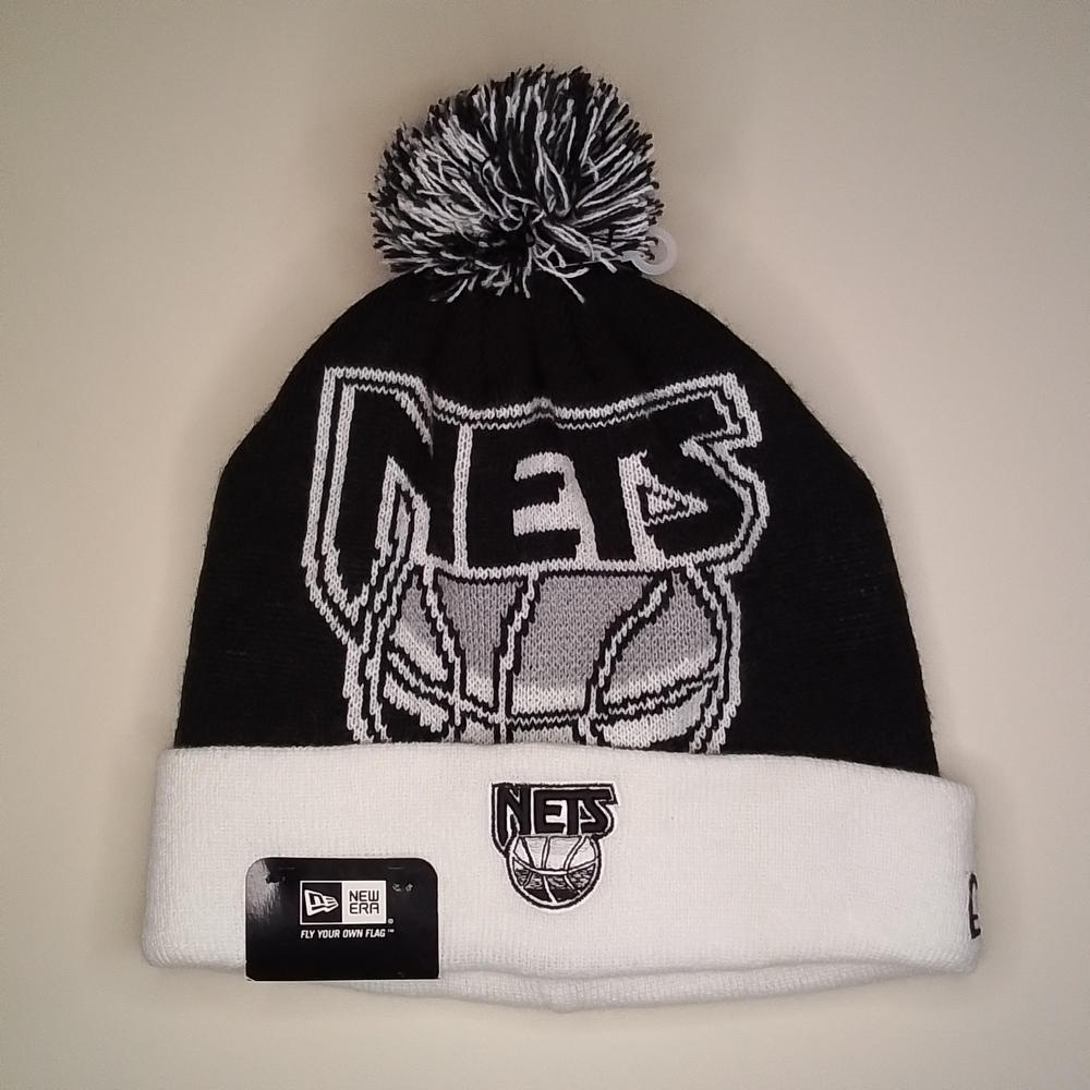 New Era Brooklyn Nets Hat Cap Beanie Winter Knit Pom Cuffed Black And White NBA